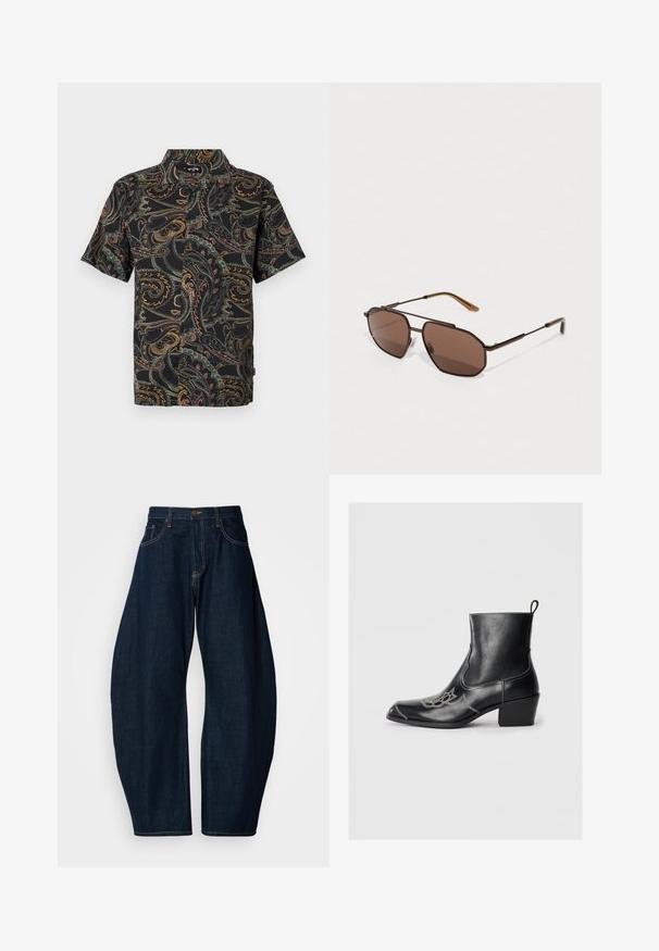 Kortekorte mouw shirt met een zwarte stof en kleurrijke paisley patronen in rood, groen en geel. Normale kraag met sluiting aan de voorkant met knopen.; Donkerblauwe denim jeans met een wijde broekspijpen ontwerp, met opvallende stiksels, vijf zakken en een messing knoopsluiting op de tailleband.; Zwarte leren enkellaarzen met een vierkante neus, decoratieve stiksels en een lage blokhak. Voorzien van een trekband voor eenvoudig aan- en uittrekken.; Bruine octagonale zonnebril met een dunne zwarte metalen montuur, vergezeld van bruine pootjes. Donker getinte lenzen bieden UV-bescherming.; Bruine handtas van krokodillenleer met reliëf, voorzien van bovenhandgrepen en een afneembare schouderband. Bevat een gespsluiting en heeft een rechthoekige vorm.