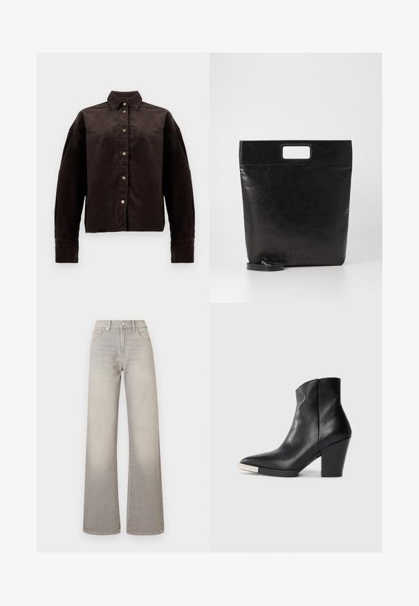 Ruda šukuotinė marškinė su apykakle, priekiniais mygtukais ir ilgomis rankovėmis. Turinti tekstūruotą audinį ir šiek tiek per didelį pjaustymą.; Pilki plačių kojų džinsai su išblukusiu apdailos efektu, mygtukų uždarymu, penkių kišenių dizainu ir siuvinėjimu palei siūles.; Juodas odinis kulkšninis botas su smailiu pirštu, aukštu blokuotu kulnu ir sidabriniu piršto dangteliu. Lygus paviršius ir paprastas dizainas.; Juoda odinė rankinė su kvadratiniu rankenu, su tekstūruotu paviršiumi ir įspaustu logotipu. Įeina nusiimama diržas.