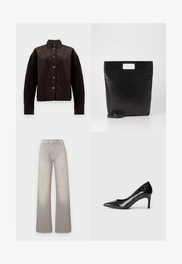 Ruda šukuotinė marškinė su apykakle, priekiniais mygtukais ir ilgomis rankovėmis. Turinti tekstūruotą audinį ir šiek tiek per didelį pjaustymą.; Pilki plačių kojų džinsai su išblukusiu apdailos efektu, mygtukų uždarymu, penkių kišenių dizainu ir siuvinėjimu palei siūles.; Juodi smailėmis žeminti aukštakulniai bateliai su blizgiu paviršiumi ir subtiliu tekstūriniu raštu. Turintys vidutinio aukščio kulną ir atvirą gerklės dizainą.; Juoda odinė rankinė su kvadratiniu rankenu, su tekstūruotu paviršiumi ir įspaustu logotipu. Įeina nusiimama diržas.