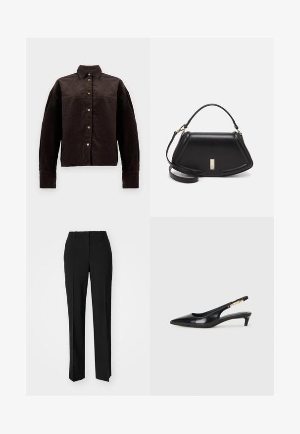 Brown corduroy shirt with a collared neck, front buttons, and long sleeves. Features a textured fabric and slightly oversized fit.; Black tailored trousers with a straight-leg design, featuring a smooth texture and crisp creases along the front. No visible hardware.; Black leather slingback heels with a pointed toe, featuring a slim heel and a gold-tone accent on the adjustable strap. Smooth texture.; Black leather handbag with a structured design, featuring a cropped shape, top handle, and gold hardware accent. Adjustable shoulder strap included.