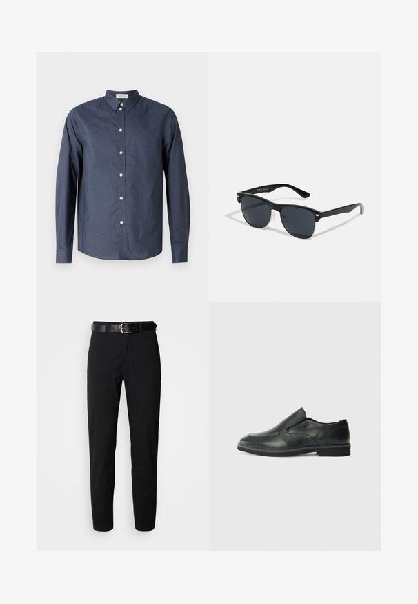 Jūros laivyno mėlynos spalvos ilgomis rankovėmis marškiniai, pagaminti iš lygaus audinio; turi klasikinį apykaklę, baltus mygtukus ir kreivą apačios kraštą.; Juodi kelnių modeliai su tiesiu kirpimu, turintys lygų paviršių ir juodas odinis diržas su sidabriniu sagtimi. Paprastas dizainas, be raštų ar akcentų.; Juodai odiniai įtvirtinimo batai su lygiu paviršiumi, siuvinėjimo akcentais, apvalia nosimi ir žemu guminiu kulnu. Pado raštas minimalus.; Juodos saulės akinių su stačiakampiu rėmeliu, tamsiais lęšiais, sidabrinėmis detalėmis šventrajose ir matinio paviršiaus rėmeliu.