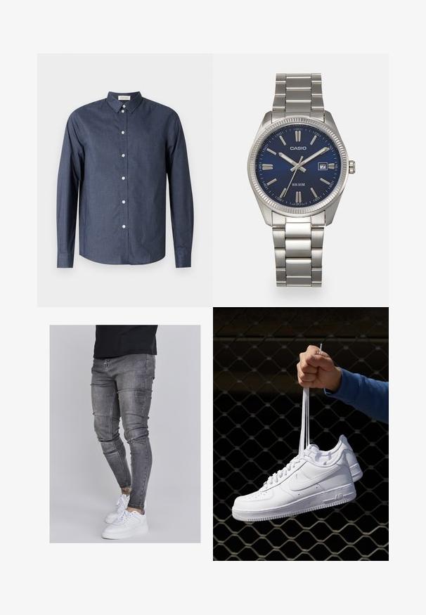 Camisa de botón de manga larga en azul marino, confeccionada en tejido suave; presenta un cuello clásico, botones blancos y un dobladillo curvado.; Jeans ajustados en denim gris desgastado, con detalles desgastados en las rodillas, combinados con zapatillas blancas. Textura suave, diseño de corte slim.; Zapatillas de cuero blanco con perforaciones, punta redonda, suela plana y cordones gruesos, con un logo de swoosh visible y "AIR" en el talón.; Reloj de pulsera de acero inoxidable plateado con una esfera azul marina, marcadores horarios metálicos y una ventana de fecha a las 3 en punto. Resistente al agua hasta 50 metros.