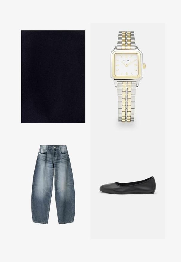 TUSSAH CAITLIN BLOUSE - Bluzka; Jeansy o szerokich nogawkach w jasnoniebieskim denimu z wyblakłymi miejscami, z pięcioma kieszeniami, zapinane na guziki oraz minimalnymi detalami przeszycia.; Czarne skórzane baletki z zaokrąglonym noskiem, gładką fakturą, minimalnymi przeszyciami i elastycznym designem podeszwy.; Kwadratowy zegarek Cluse z białą tarczą, złotymi i srebrnymi akcentami oraz bi-metalową bransoletą z naprzemiennymi złotymi i srebrnymi ogniwami.