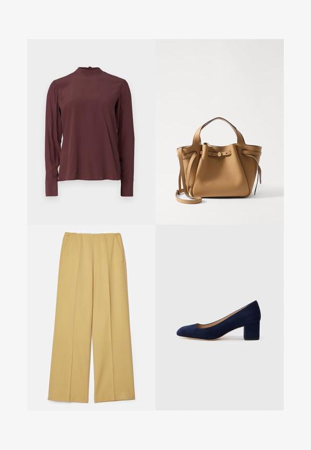 Blouse bordeaux à manches longues avec un col montant, un léger éclat et une fermeture à boutons dans le dos. Tissu lisse et manches ajustées.; Pantalons à jambes larges en tissu jaune moutarde, dotés de poches avant et d'une texture lisse, avec un design épuré et ajusté.; Escarpin en daim bleu marine avec un bout pointu et un talon bloc de hauteur intermédiaire. Texture lisse avec un subtil éclat et une petite découpe à l'avant.; Tory Burch ROMY PEBBLED SATCHEL - Sac à main - tiramisu