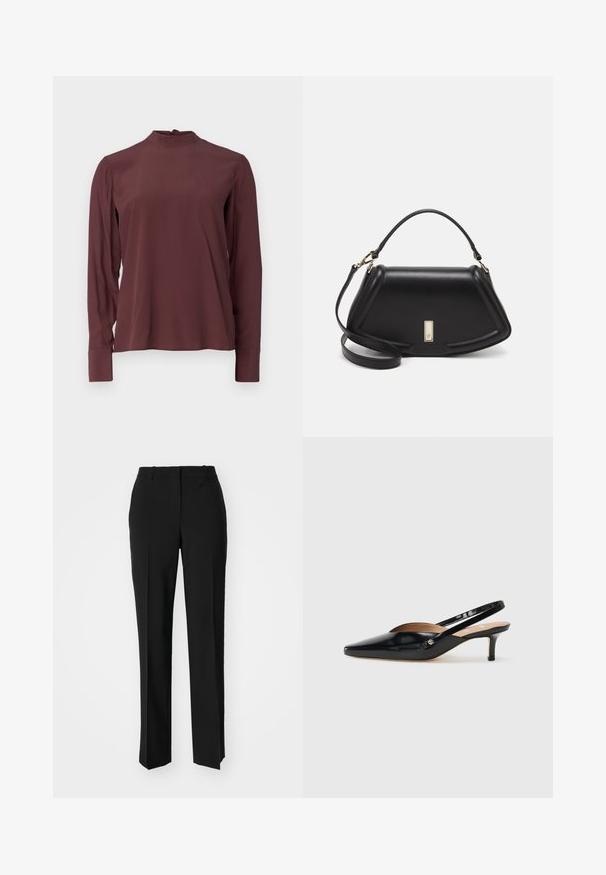 Bordeaux langærmet bluse med høj hals, subtil glans og knaplukning bagpå. Glat stof og tætsiddende ærmer.; Sorte skræddersyede bukser med lige ben-design, der har en glat tekstur og skarpe folder langs fronten. Ingen synlige hardware.; Sorte patentlæder slingback pumper med spidse tæer, lille hæl og et udsnit design på vamsen. Guldfarvet hardware accent på siden.; Sort læderhåndtaske med en struktureret design, der har en kortet form, tophåndtag og guld hardware-accenter. Justerbar skulderrem inkluderet.