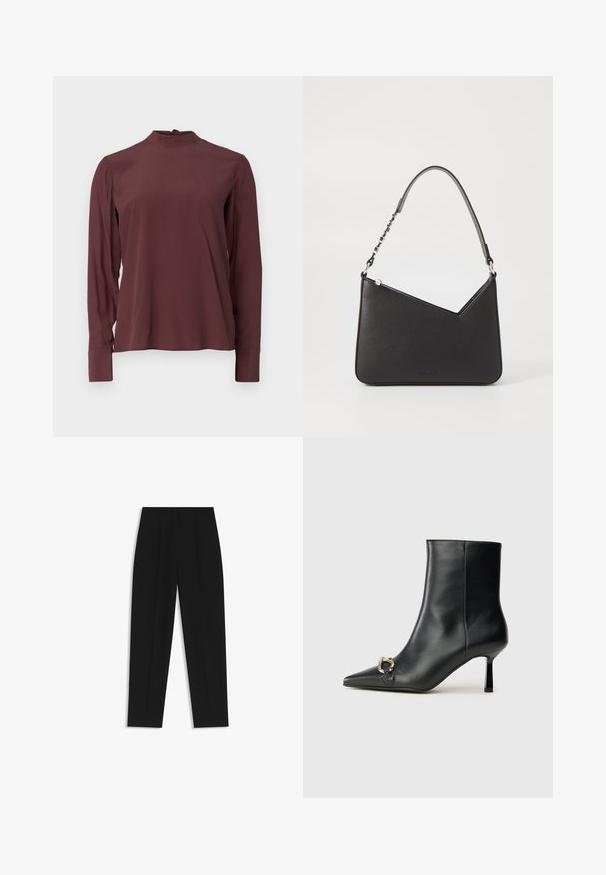 Blusa bordeaux a maniche lunghe con colletto alto, leggero lucido e chiusura con bottoni sul retro. Tessuto liscio e maniche aderenti.; Pantaloni neri a taglio dritto, con doppie pieghe, una texture liscia e un design classico in vita. Nessun hardware o dettaglio visibile.; Stivale alla caviglia in pelle nera con punta affusolata, tacco sottile di media altezza e dettaglio in fibbia argentata sul lato, su sfondo semplice.; Borsa a mano in pelle nera con forma triangolare, una tracolla sottile e accessori in argento. Presenta una chiusura con zip e un logo impresso sul davanti.