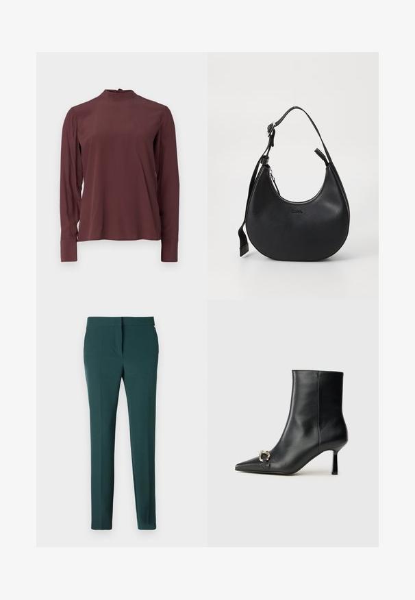 Bluză burgundy cu mâneci lungi, guler înalt, luciu subtil și închidere cu nasturi la spate. Țesătură netedă și mâneci ajustate.; Pantaloni femei slim-fit de culoare verde închis, cu un tiv neted și închidere frontală ascunsă, afișați pe un fundal alb.; Botine negre din piele, cu vârf ascuțit, toc subțire de înălțime medie și detaliu cu cataramă argintie pe lateral, pe un fundal simplu.; Geantă de umăr din piele neagră, cu o formă curbată, închidere cu fermoar și curea reglabilă. Prezintă logo-ul brandului embosat pe față.