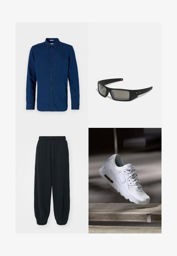 Camisa azul-marinho de botão feita de tecido denim. Apresenta um colarinho pontudo, mangas compridas e um pequeno logótipo no peito.; Calças de fato de treino pretas, com cintura elástica e um corte solto, com punhos nas pernas, textura suave e sem padrões visíveis ou detalhes de metal.; Sapatilha Nike Air Max 90 branca com parte superior em malha e couro, caixa de dedos perfurada e uma unidade de ar visível no calcanhar.; Óculos de sol pretos com acabamento mate, lentes retangulares, leve curvatura nas hastes, detalhe sutil do logo e lentes de cor fumada.