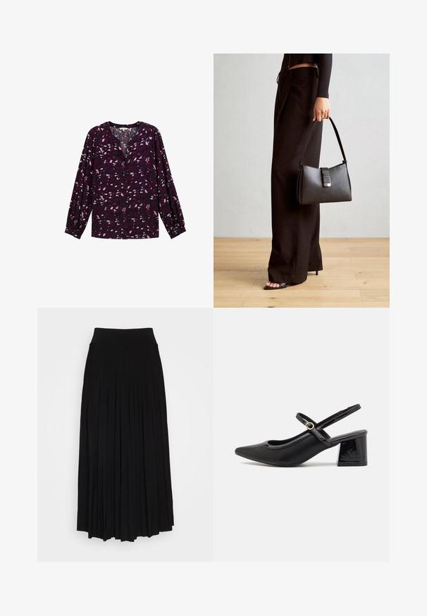 TOM TAILOR PLUS - GEMUSTERTE - Blouse - berry autumn floral design; Black pleated skirt with a high, stretchy waistband. Made from soft fabric, featuring vertical pleats for a flowing silhouette.; Black patent leather slingback heels with a pointed toe, a rounded cutout design, and a block heel. Features a gold-tone buckle accent.; Black handbag with structured shape, smooth texture, and a metallic clasp. Paired with wide black pants and open-toe sandals on wooden floor.