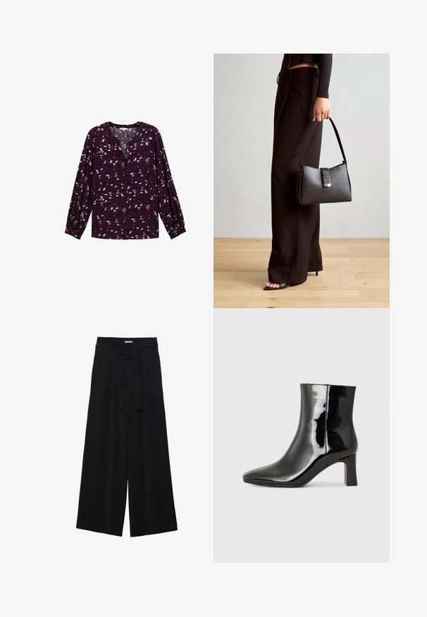 TOM TAILOR PLUS - GEMUSTERTE - Bluse - berry autumn floral design; Schwarze weite Hosen aus strukturiertem Stoff, mit elastischem Bund und einem abnehmbaren Bindegürtel in der Taille für eine verstellbare Passform.; Schwarzer Lackleder-Stiefelette mit spitzer Zehe und einem mittelhohen Blockabsatz. Glatte Textur und minimalistisches Design.; Schwarze Handtasche mit strukturierter Form, glatter Textur und einem metallischen Verschluss. Kombiniert mit weiten schwarzen Hosen und offenen Sandalen auf einem Holzboden.