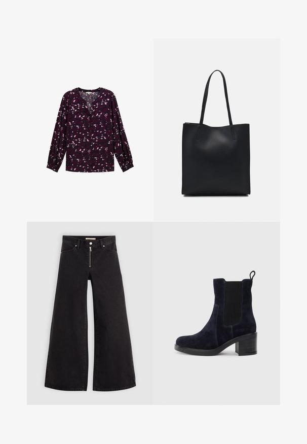 TOM TAILOR PLUS - GEMUSTERTE - Camicetta - berry autumn floral design; Jeans a gamba larga in denim nero con chiusura a zip, design a cinque tasche e dettagli di cucitura sottili. Texture morbida e stile casual.; Stivaletti alla caviglia in camoscio blu navy con pannello elastico laterale, punta tonda e tacco a blocco. Il tessuto testurizzato e la suola liscia aggiungono contrasto.; Borsa tote in pelle nera con texture liscia, forma rettangolare e due manici lunghi. Nessun hardware o decorazione visibile.