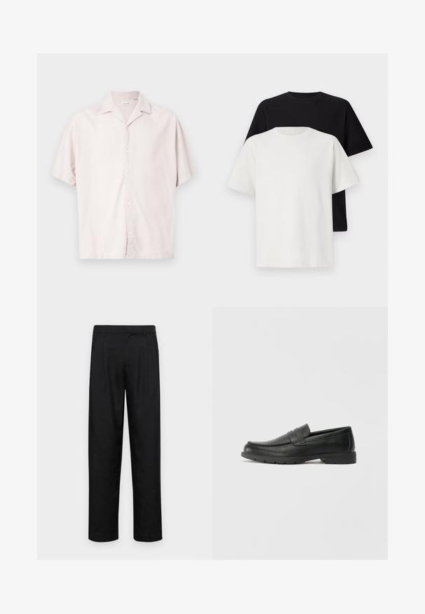 Chemise à manches courtes en lin beige clair, avec un col classique, une texture subtile et une fermeture à boutons sur le devant.; Ensemble de t-shirts en coton comprenant un haut noir et un haut blanc, tous deux à manches courtes, avec un col rond et une coupe standard. Tissu texturé.; Pantalons noirs en tissu lisse, avec une coupe droite, deux plis avant et une taille standard avec passants de ceinture.; Mocassins en cuir noir avec une finition lisse, tige de style moccasin, détails cousus et semelle en caoutchouc. Design classique avec un talon bas.