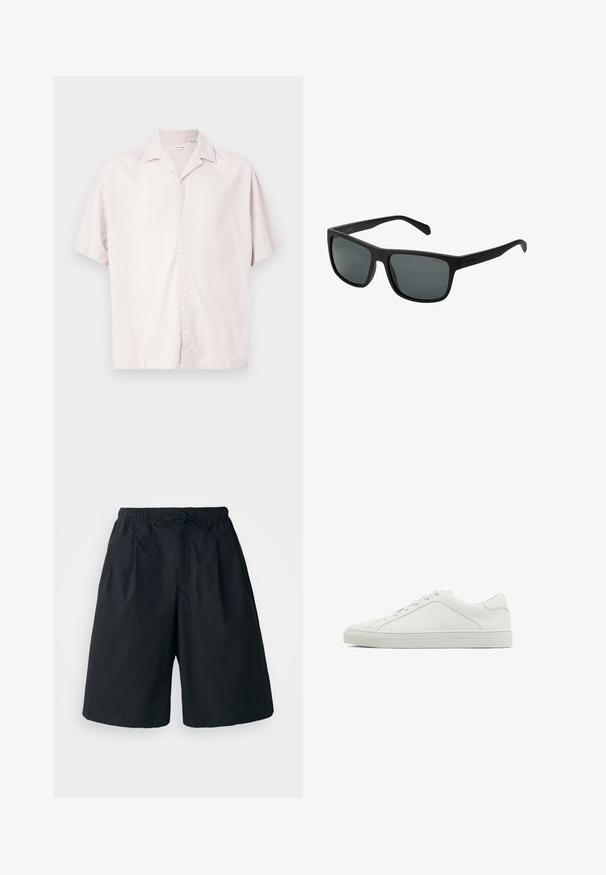 Koszula z krótkim rękawem z jasnego lnianego materiału, z klasycznym kołnierzykiem, subtelną fakturą oraz zapinana na guziki z przodu.; Biały bawełniany top na ramiączkach z okrągłym dekoltem, szerokimi ramiączkami i prostym dołem, charakteryzujący się gładką teksturą i brakiem widocznych wzorów.; Czarne szorty z elastycznym pasem i regulowanym sznurkiem. Wykonane z gładkiego materiału, o luźnym kroju i bez widocznych wzorów.; Białe skórzane sneakersy z okrągłym noskiem, płaską podeszwą i minimalistycznym designem. Zawierają sześć oczek i subtelny detal szwu z boku.; Polaroid Okulary przeciwsłoneczne; Metalowy zegarek kwarcowy z czarną tarczą, białymi cyframi i wyświetlaczem daty. Posiada stalową bransoletę i odporność na wodę do 100m.