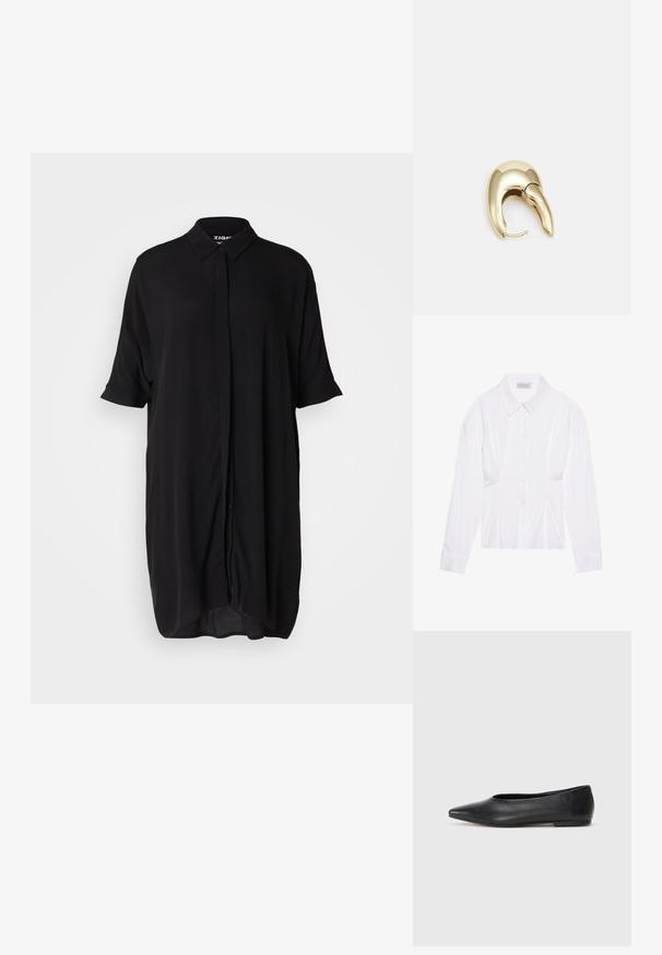 Bela bluzica z dolgimi rokavi s klasičnim ovratnikom, sprednjim zapenjanjem na gumbe in nabranimi stranskimi detajli. Gladek material s krojem, ki se prilega.; Črno kratek rokav oblekica iz lahkega blaga. Ima ovratnik, zapenjanje spredaj z gumbi in ohlapen, podolgovat kroj.; Črne usnjene balerinke, koničast toe, minimalističen dizajn, gladka tekstura, nizka peta, brez vidnih kovinskih delov ali okraskov.; Črna usnjena torba čez ramo z gladko teksturo, pravokotno obliko in kovinskim verižnim detajlom spredaj. Vključena je nastavljiva naramnica.; Uhane nakit iz zlatastega tona z gladko, ukrivljeno zasnovo. Ima edinstveno koničasto obliko, polirano površino in zaponko s tečajem.