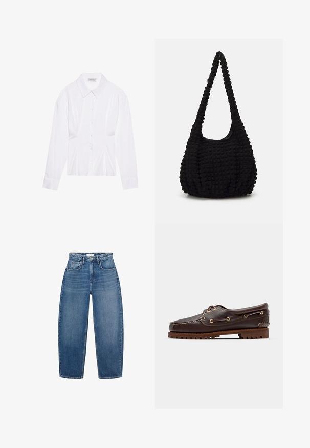 White long-sleeve blouse with a classic collar, front button closure, and gathered side detail. Smooth fabric with a tailored shape.; Navy long-sleeve polo shirt featuring white vertical stripes, a collared neckline, and a button-down front. Fitted silhouette with ribbed cuffs.; High-waisted blue denim jeans with a straight leg design, featuring five pockets, belt loops, and subtle fading for added texture.; Brown leather boat shoe with gold eyelets, round laces, and a textured brown rubber sole. Features stitched detailing and a raised logo.; Black textured fabric bag with a single twisted strap, featuring a puffy shape and gathered surface design.