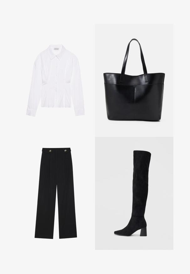 Valkoinen pitkähiha blouse, jossa on klassinen kaulus, etuvetoketju ja ryppyinen sivudetalji. Pehmeä kangas ja muotoiltu leikkaus.; Mustat leveälahkeiset housut, joissa on korkea vyötärö, napit vyötärönauhassa ja etupuolella laskokset.; Musta samettinen polvipitkä saapas, jossa on lohkarekorko, terävä nilkka ja sileä, saumatonta muotoilua tasaisella vaalealla taustalla.; Musta nahkainen kassi, jossa on kaksi pitkää kahvaa, sileä pinta ja jämäkkä muoto. Sisältää etutaskun lisävarastointia varten.