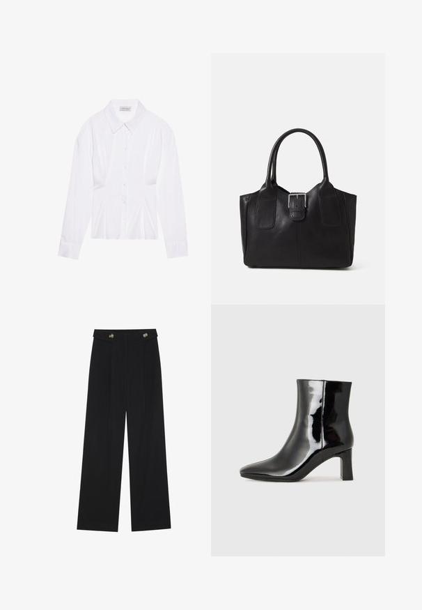 Bijela bluzica dugih rukava s klasičnom kragnom, prednjim kopčanjem na gumbe i nabranim detaljem sa strane. Glatka tkanina s krojem koji se dobro prilagođava.; Crne hlače širokih nogavica s visokim strukom, s dugmadi na pojasu i prednjim nabora.; Crne lakirane kožne gležnjače s šiljastim prstom i srednje visokom blok petom. Glatka tekstura i minimalistički dizajn.; Crna kožna torba za nošenje s glatkom teksturom, strukturiranim oblikom, dvije ručke i istaknutim srebrnim kopčanjem na prednjoj strani.