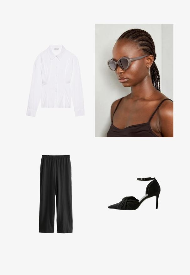 Blusa bianca a maniche lunghe con colletto classico, chiusura frontale con bottoni e dettaglio arricciato sui lati. Tessuto liscio con una forma sartoriale.; Pantaloni neri fino al ginocchio realizzati in tessuto leggero. Vita elastica e texture liscia con un design a gamba dritta. Senza dettagli visibili o motivi.; Scarpa nera in suede con tacco alto, punta affusolata, dettaglio annodato sul davanti, cinturino alla caviglia e sottile tacco a stiletto.; Occhiali da sole grigi oversize con forma arrotondata e lenti scure. Montatura in plastica liscia e dal design elegante. Il modello ha i capelli intrecciati.