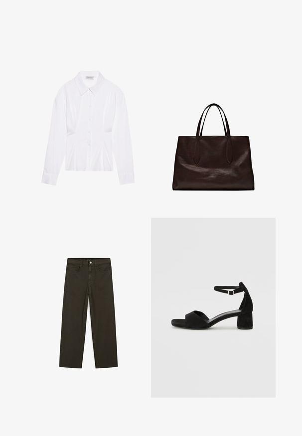 Weiße Bluse mit langen Ärmeln, klassischem Kragen, vorderer Knopfleiste und gerafftem Seitendetail. Glattes Material mit taillierter Form.; Dunkelgrüne Jeans im weit geschnittenen Style, hergestellt aus einem Baumwollgemisch. Sie verfügen über einen Frontknopfverschluss, fünf Taschen und klassische Denim-Nähte.; Schwarze Wildleder-Espadrilles mit einem dünnen Knöchelriemen, offener Zehenpartie und moderatem Blockabsatz. Glatte Textur und minimale Akzente.; Massimo Dutti Handtasche - brown