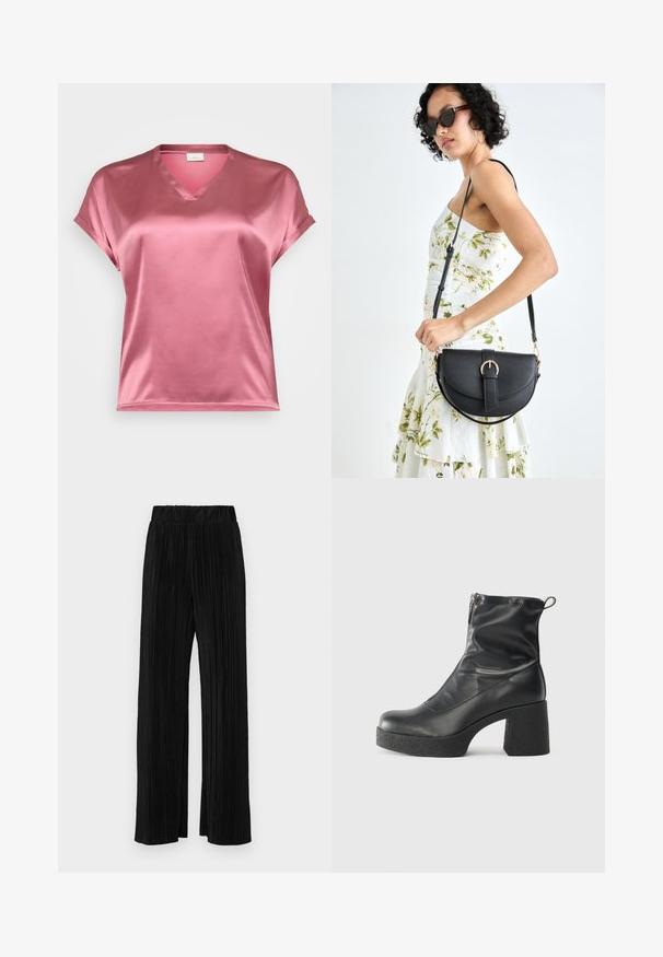 Īsām piedurkņu, V veida kakla tops ar spīdīgu rozā satīnu, ar rullētām piedurknēm un brīvu piegriezumu. Gluda tekstūra ar nedaudz spīdumu.; Melni plīšu bikses ar elastīgu jostu. Tām ir platākas kājas un gluda, teksturēta auduma ar vertikālām svītrām.; Melni potītes zābaki, kas izgatavoti no gludas ādas, ar sānu rāvējslēdzēju, masīvu strukturētu papēdi un noapaļotu purngalu.; Melnas ādas rokassoma ar izliekta formu, noņemamu siksnu un zelta aksesuāriem. Somai ir vāciņš ar sprādzes detaļu.