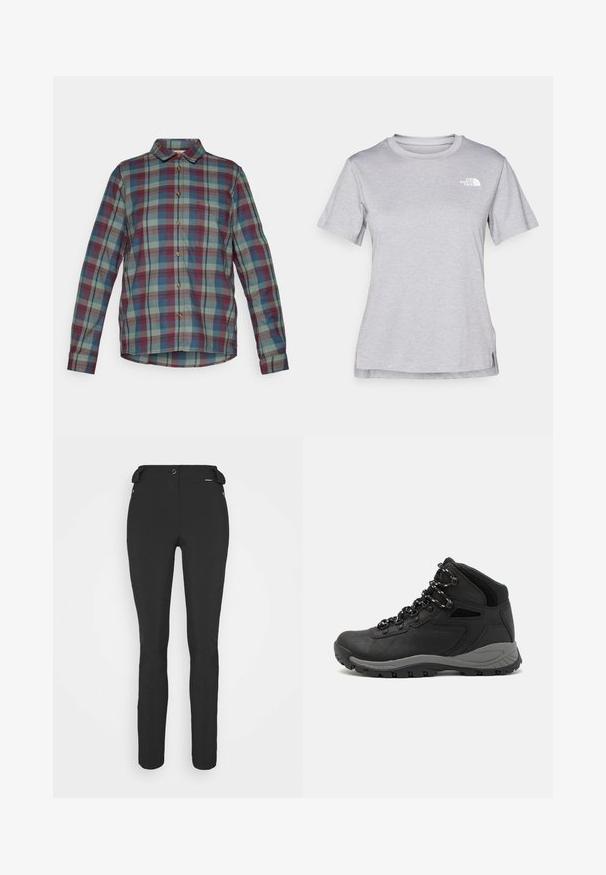 Ilgų rankovių marškiniai su žaliu, mėlynu ir raudonu languotu raštu bei priekiniais krūtinės kišenėmis.; Pilkas trumpomis rankovėmis marškinėliai, pagaminti iš minkštos, drėgmę sugeriančios medžiagos. Turi apvalią iškirptę ir mažą baltą logotipą viršutiniame kairiajame kampe.; Juodos, prigludusios kelnės, pagamintos iš lankstaus medžiagos. Ypatybės: šoninis kišenės užtrauktuku, suformuotos kelių sritys ir lygi tekstūra.; Juodas žygio botas su vidutinio aukščio dizainu, pasižymintis tekstūruota viršutine dalimi, pilkų akcentų ir patvaria guma padanga su sukibimo gumbais.