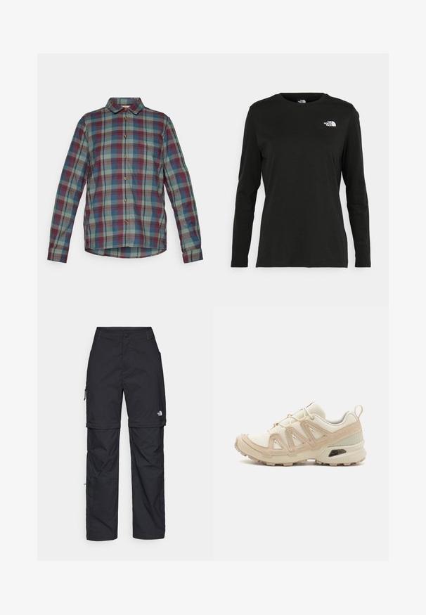 Camisa de botões de mangas longas com padrão quadriculado em verde, azul e vermelho e um bolso no peito.; T-shirt preto de mangas longas, feito de algodão, com decote redondo. Apresenta um pequeno logótipo branco na área esquerda do peito. Design simples e ajuste confortável.; Calças cargo pretas em nylon com fechos de correr removíveis, punhos ajustáveis, múltiplos bolsos e um logótipo na perna direita. Textura suave e leve.; Sapatilha atlética beige e creme com parte superior em malha texturizada, sobreposições de suporte e sola de borracha com um padrão de cravo para tração.
