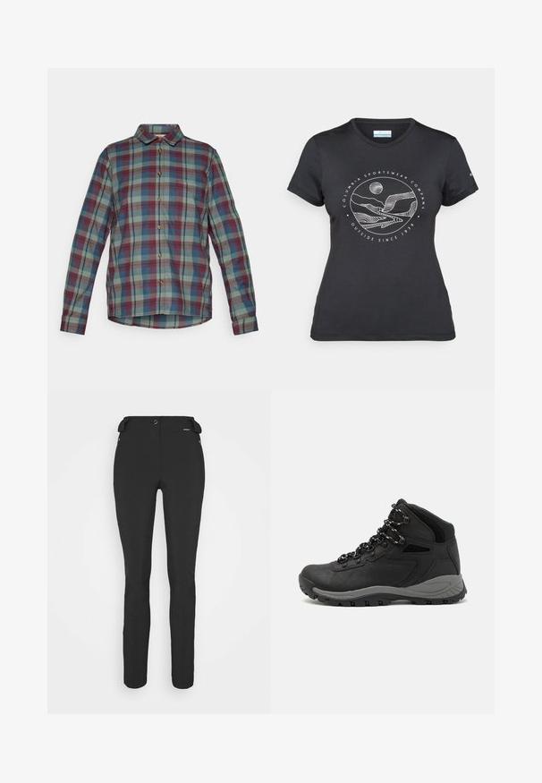 Long-sleeve button-up shirt with green, blue, and red plaid pattern and a front chest pocket.; Black Columbia t-shirt with white circular mountain and river line art and text "Columbia Sportswear Company Outside Since 1938."; Black, fitted pants made from a flexible material. Features include a zippered side pocket, articulated knees, and a smooth texture.; Black hiking boot with a mid-top design, featuring a textured upper, gray accents, and durable rubber sole with traction lugs.