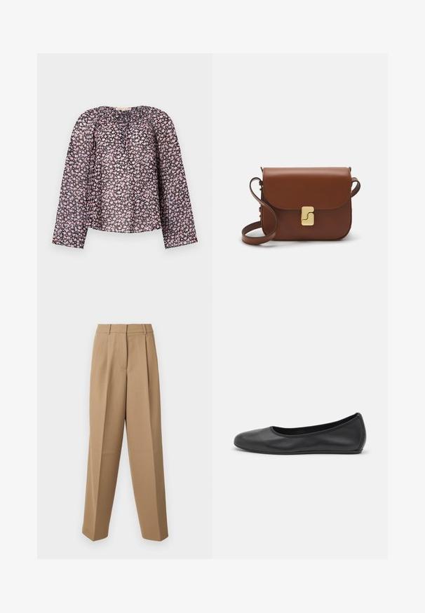Black sheer blouse with long sleeves, featuring a floral pattern of pink and white flowers, gathered neckline, and loose fit.; White short-sleeve t-shirt made of ribbed fabric. Round neckline, regular fit, and subtle stitching details. No patterns or graphics.; Beige tailored trousers with a high waist, pleated front, and wide-leg cut. The fabric appears smooth with a slight sheen.; Black leather ballet flat with a rounded toe, smooth texture, minimal stitching detail, and a flexible sole design.; Brown leather handbag with a flap closure, gold-tone hardware, a shoulder strap, and a smooth texture. Compact rectangular shape.