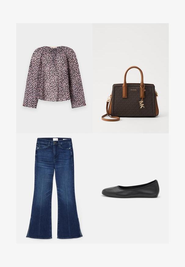 Čierna priehľadná blúzka s dlhými rukávmi, so kvetinovým vzorom ružových a bielych kvetov, s nahromadeným výstrihom a voľným strihom.; Tmavomodré rozšírené džínsy vyrobené z denimu. Majú vysoký pás, predné vrecká a rozparky na spodnom okraji. Klasický dizajn s piatimi vreckami.; Čierne kožené baleríny s okrúhlou špičkou, hladkým povrchom, minimálnym prešívaním a flexibilným dizajnom podrážky.; MICHAEL Michael Kors LAILA SATCHEL - Kabelka - brown