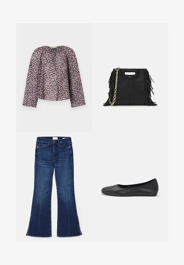 Blusa nera trasparente con maniche lunghe, caratterizzata da un motivo floreale di fiori rosa e bianchi, scollatura gathered e vestibilità comoda.; Jeans a zampa d'elefante blu scuro in denim. Caratterizzati da una vita alta, tasche anteriori e dettagli con spacco all'orlo. Design classico a cinque tasche.; Pantofole da balletto nere in pelle con punta arrotondata, texture liscia, dettagli di cucitura minimi e design con suola flessibile.; Borsa a tracolla in pelle nera con dettagli a frangia, catena dorata e manico ritagliato. Presenta il logo sulla parte anteriore.