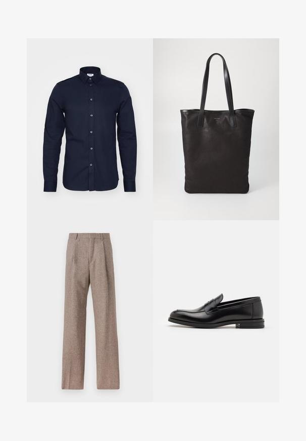 Granatowa koszula z długim rękawem wykonana z bawełny, z kołnierzykiem na guziki i guzikami z przodu. Charakteryzuje się gładką teksturą i dopasowanym krojem.; Brązowe, wysokiej talii spodnie wykonane z teksturowanej tkaniny. Posiadają szerokie nogawki i dwa przednie zakładki dla lepszej struktury. Starannie wykończone, bez widocznych elementów metalowych.; Czarne skórzane mokasyny o gładkiej fakturze, zaokrąglonym nosku i dekoracyjnym pasku na przodzie. Niski, warstwowy obcas, minimalistyczny design.; Czarna torba na ramię z czarnymi skórzanymi uchwytami. Prosty design, pojemne wnętrze i gładka faktura. Bez widocznych logo ani wzorów.
