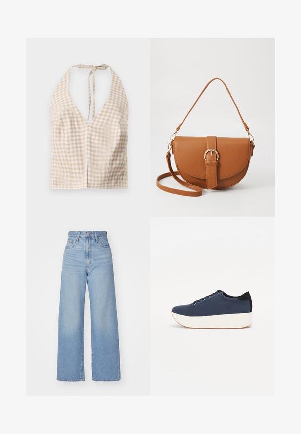 Beige and white gingham cropped halter top with a deep V-neck, tie-back closure, and slight texture. Two small front seams add detail.; Light blue high-waist wide-leg jeans with front button and zip closure, front and back pockets, on a white background.; Navy blue sneaker with a textured fabric upper, white platform sole, rounded toe, and black heel accent. Features six eyelets for laces.; Brown leather crossbody bag with a curved shape, gold hardware, and a buckle accent. Features a detachable shoulder strap.