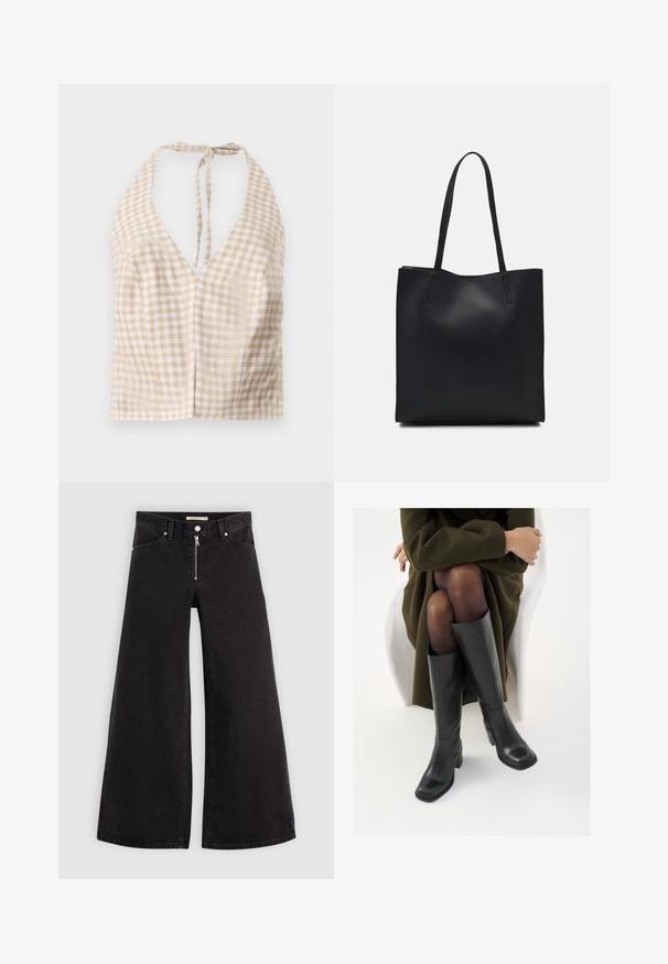 Beige og hvid gingham kort halterneck top med en dyb V-hals, båndlukning bagpå og let struktur. To små sømme foran tilføjer detalje.; Vide ben jeans i sort denim med lynlås foran, fem lomme-design og subtile stikninger. Glat tekstur og afslappet stil.; Knæhøje sorte læder støvler med firkantet tå og blokhæl, vist med en model siddende i en olivengrøn frakke. Glat tekstur, minimal detaljer.; Sort læder tote taske med glat tekstur, rektangulær form og to lange hanke. Ingen synlig hardware eller udsmykninger.