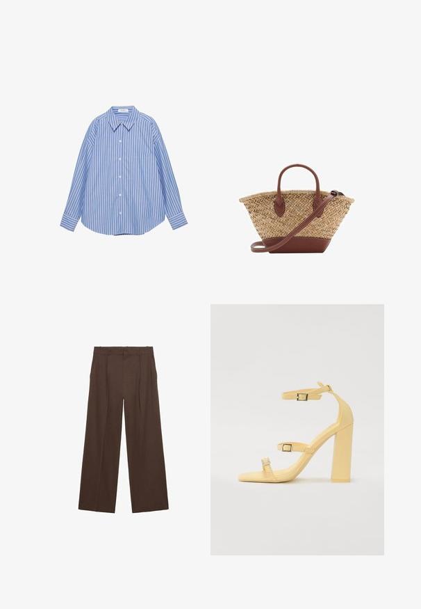 Cămașă cu mâneci lungi și nasturi, cu dungi verticale alb-albastre, guler ascuțit și un singur buzunar pe piept.; Pantaloni largi maro, confecționați dintr-un material neted, cu talie înaltă, plisaje frontale și două buzunare laterale.; Sandale galbene cu toc pătrat, cu trei curele ajustabile, design cu vârful pătrat, material sintetic neted și catarame de culoare argintie.; Geantă din paie împletită cu accente din piele maro, două mânere și curea detașabilă. Formă curbată cu o bază robustă.