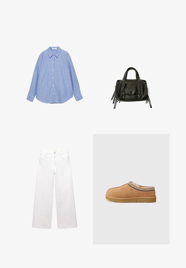 Langarm-Hemd mit blauen und weißen vertikalen Streifen, spitzem Kragen und einer einzelnen Brusttasche.; Weiße, weit geschnittene Jeans aus Baumwolle mit hoher Taille, Fünf-Taschen-Design und Messingbeschlägen. Glatte, unbeschädigte Oberfläche.; Beige Wildleder-Slipper mit einem strukturierten Wollfutter und dekorativer ethnischer Stickerei am Kragen. Verfügt über eine Gummisohle.; Schwarze Lederhandtasche mit geflochtenen Griffen, Reißverschlussfach und hängenden Quasten. Strukturiert Oberfläche mit Metallnieten und Hardware-Akzenten.