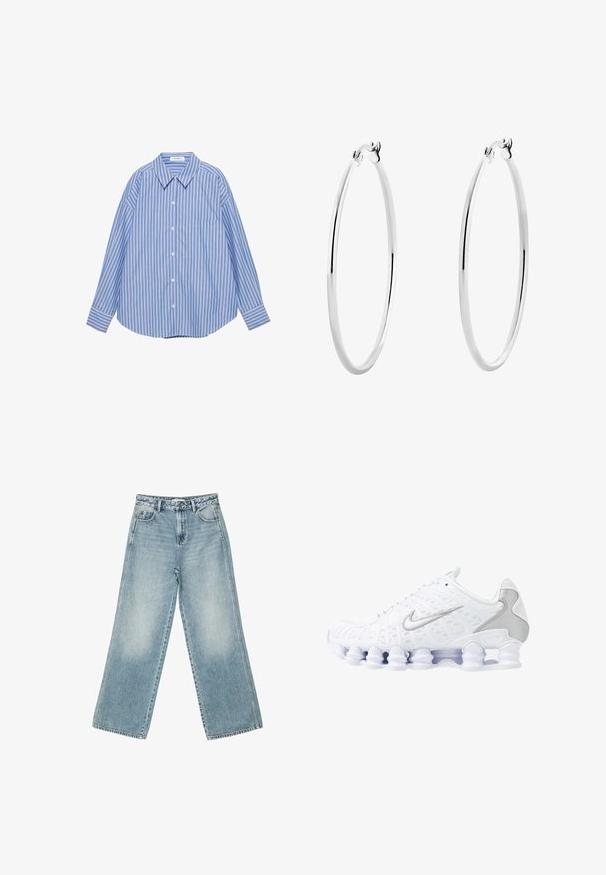 Blue and white vertical striped long-sleeve button-up shirt with pointed collar and single chest pocket.; Light blue wide-leg jeans made of denim, featuring a high waist, five-pocket design, and subtle fading along the legs.; White athletic shoes with mesh upper, silver accents, and a unique coil sole design. Features padded collar and lace closure for fit.; Silver hoop earrings with a smooth, polished surface and a thin, circular shape. The design features a secure clasp.