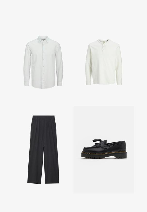 White long-sleeve button-up shirt made of lightweight fabric, featuring a classic collar and subtle texture. Buttons in a matching color.; White long-sleeve henley shirt with three buttons and a round neckline, displayed on a plain white background.; Wide-leg trousers made of dark gray fabric. Features pleats at the waist, a tailored design, and a straight silhouette.; Black leather loafer with a tasseled accent, featuring a chunky black sole and yellow stitching along the edge. Textured finish.