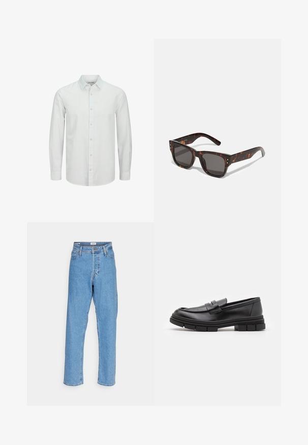 Chemise blanche à manches longues à boutons, fabriquée en tissu léger, dotée d'un col classique et d'une texture subtile. Boutons de couleur assortie.; Jeans taille haute droite bleu clair avec bouton à l'avant, fermeture éclair, passants de ceinture et design à cinq poches sur fond blanc.; Mocassins en cuir noir avec une finition lisse, présentant un détail de sangle à l'avant et une semelle en caoutchouc épaisse avec des accents striés.; Lunettes de soleil en écaille de tortue avec lentilles foncées, monture carrée et studs argentés en accent à l'avant. Fabriquées en plastique, légères et durables.