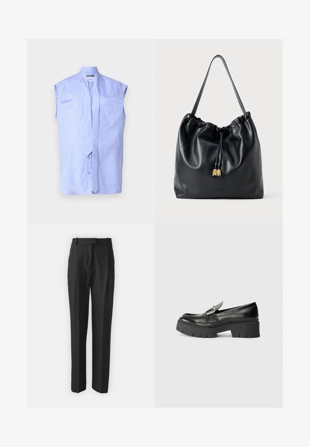 Gaiši zils bezpiedurkņu krekls ar paceltu apkakli, priekšējo pogu aizdari un vienu krūšu kabatu. Izgatavots no gludas kokvilnas auduma.; Melnas pielāgotas bikses, izgatavotas no viegla auduma, ar taisnu griezumu, plakanu fronti un jostām. Gluda tekstūra bez redzamām rakstām.; Melnas ādas loafers ar masīvu gumijas zoli. Iezīmējas ar sprādzes akcentu un izšuvumu detaļām virsējā daļā. Plakans papēdis.; Melnas ādas zīmogs ar gludu tekstūru, savilktā augšdaļa un izsmalcināta zelta apdare. Iebūvēta viena izturīga siksna un iešūts logotips.