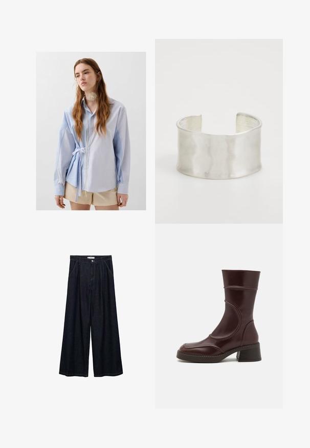 Blue and white striped button-up shirt with long sleeves, tied at the waist, featuring a collar and a textured accent around the neck.; Dark denim wide-leg trousers with a high waist, featuring a front button closure, two side pockets, and stitching details.; MIISTA MALENE - Classic ankle boots - brown; Zign Bracelet - silver-coloured