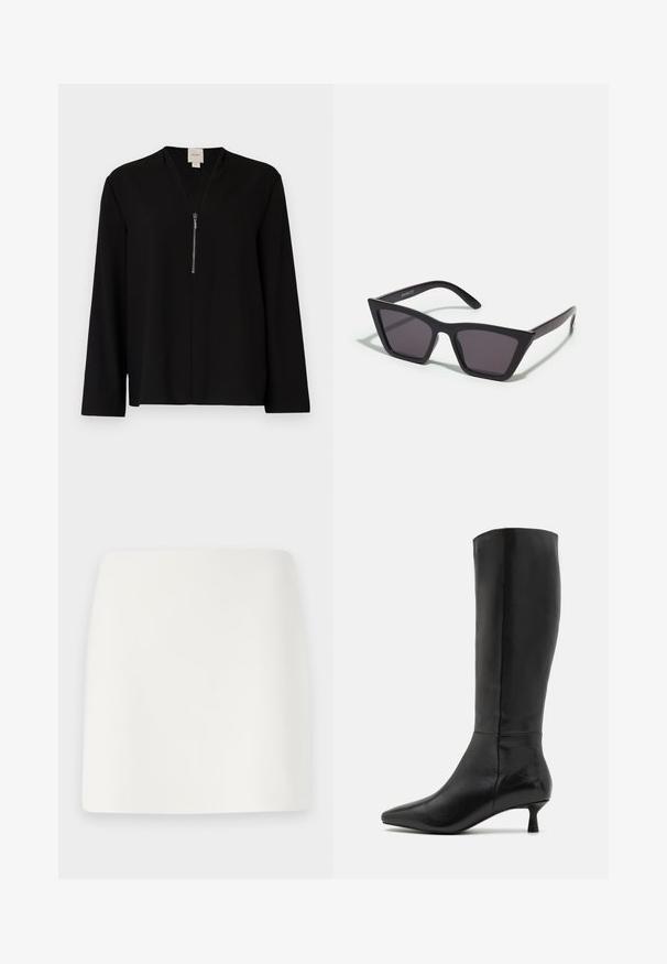 Czarna bluzka z długim rękawem w dekolcie V, z zapięciem z przodu i gładką teksturą. Prosta i dopasowana sylwetka.; Biała, dopasowana mini spódnica o gładkiej fakturze i prostych liniach. Brak widocznych wzorów i akcesoriów. Prosty dół.; Zign - Kozaki; Czarne, kanciaste okulary przeciwsłoneczne z szarymi soczewkami; wykonane z plastiku, z grubymi zausznikami o gładkiej powierzchni i bez widocznych elementów metalowych.; Czarna zamszowa kopertówka z zapięciem na zamek i odpinanym paskiem na nadgarstek. Wyposażona w elementy w kolorze złotym oraz gładką, matową fakturę.