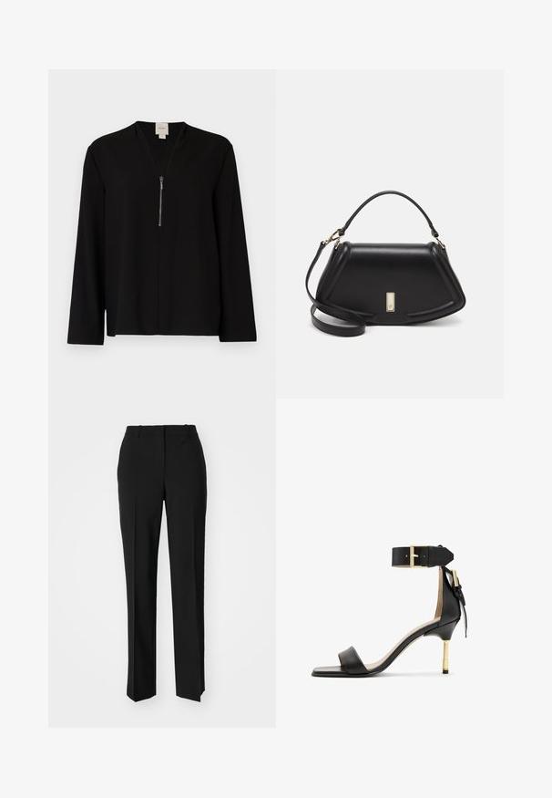 Mustas pikkade varrukatega topp, millel on V-kaelus, ees tõmblukk ja sile tekstuur. Lihtne ja kohandatud siluett.; Mustad ja sirged püksid, millel on sile tekstuur ja teravad voldid esiosas. Ilma nähtavate detailideta.; Must musta kõrge kontsaga sandaal ruudukujulise varbaga, puusapael ja kuldse solgiga ning saledat metallist kontsaga. Sile tekstuur, minimalistlik disain.; Must mustrist käekott, millel on struktureeritud disain, lühendatud kuju, ülemine käepide ja kuldne metallist detail. Reguleeritav õlalihm on kaasas.