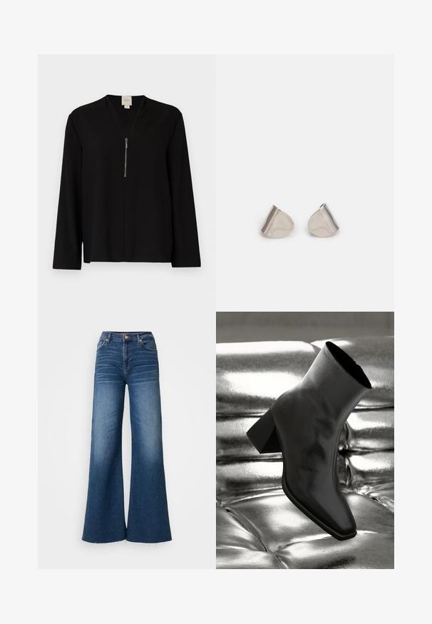 Schwarzes Langarmoberteil mit V-Ausschnitt, ausgestattet mit einem Reißverschluss vorne und einer glatten Textur. Schlichte und maßgeschneiderte Silhouette.; Weite Jeans im dunklen Blau mit hoher Taille, subtiler Auswaschung und rohem Saum. Gefertigt aus standardmäßigem Denim-Material.; Schwarzer Knöchelstiefel aus glänzendem Material mit quadratischer Zehenform und verjüngtem Absatz, vor einem glänzenden silbernen gepolsterten Hintergrund.; Silberne Metalohrringe mit einer glatten, tröpfchenförmigen Form und einer polierten Oberfläche. Subtile Gravuren fügen Details hinzu. Minimalistisches Design.