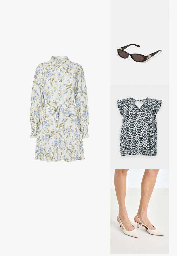 Bluse mit navyblauen und weißen Mustern, V-Ausschnitt und kleinen Cap-Ärmeln; geometrisches Design und transparente Textur. Schlüsselhole-Detail hinten.; Blumenkleid in Weiß mit blauen und grünen Blumen, mit einem Kragen, durchgehender Knopfleiste, langen Ärmeln mit elastischen Bündchen und einem Taillengürtel.; Beige Lackleder Slingback-Absätze mit spitzem Fuß und 5 cm Absatz, mit ausgeschnittenen Seiten und einem schmalen Knöchelriemen.; Schildpatt-Sonnenbrille mit länglich-ovalen Gläsern, braunem Farbton, goldenen Logo-Akzenten an den Bügeln und schlanken schwarzen Bügeln.; Große Strohtasche mit einer strukturierten, beigen Außenseite und zwei breiten Griffen. Verfügt über einen Lederakzentriemen zum Schließen.; Perlen- und Kristallhalskette mit einem runden, perlenbesetzten Design in sanften Farbtönen, das abwechselnd Perlen und funkelnde Akzente zeigt, um den Hals getragen.