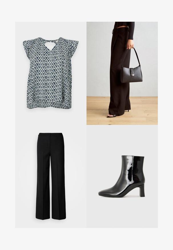Navy and white patterned blouse with a V-neck and small cap sleeves; geometric design and sheer texture. Keyhole detail at the back.; Black wide-leg trousers with a smooth fabric, featuring a high waist, tailored seams, and a minimalist design. No visible hardware or pockets.; Black patent leather ankle boot with a pointed toe and a mid-height block heel. Smooth texture and minimalist design.; Black handbag with structured shape, smooth texture, and a metallic clasp. Paired with wide black pants and open-toe sandals on wooden floor.