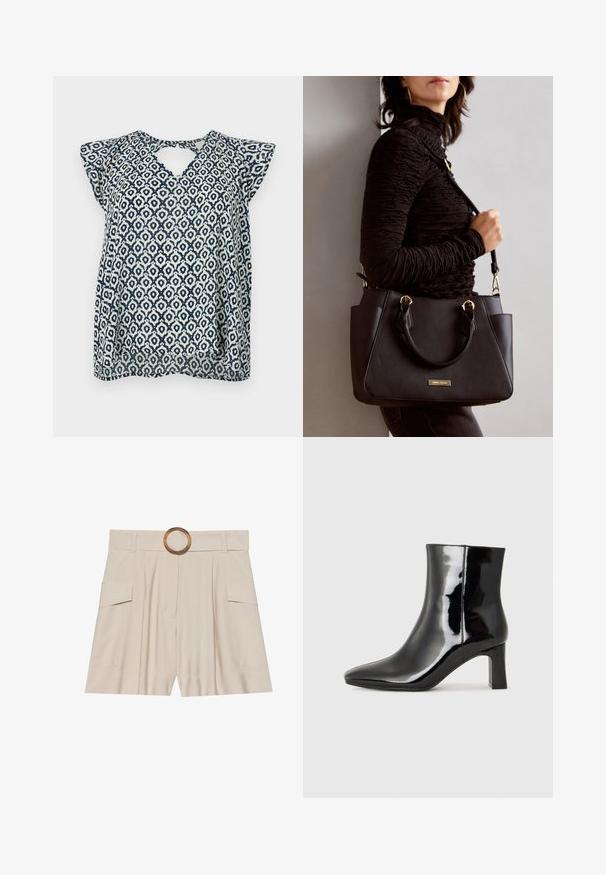 Tumesinine ja valge mustriga pluus V-kaelusega ja väikeste õlavarreõlgadega; geomeetriline kujundus ja poolläbipaistev tekstuur. Seljaosa võtmeaugu detail.; Beežid kõrge vöökohaga lühikesed püksid laia ja lameda vööga, puidust ümmargune klamber, volditud esiosa ja kaks küljetaskut. Sile kangatekstuur.; Must-sinine nahkjalats musta läikiva viimistlusega, millel on terav nina ja keskmise kõrgusega plokk konts. Sile tekstuur ja minimalistik disain.; Musthave must kott, millel on tekstuurne pind, kaks ülemist käepidet ja reguleeritav õlarihm. Omab kuldse tooni riistu ja külgtaskuid.