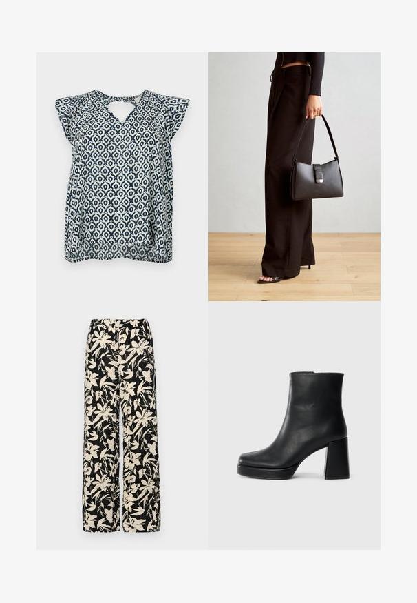 Jūrinės ir baltos spalvų raštuota bluzelė V formos iškirpte ir mažomis rankovėmis; geomtrinis dizainas ir permatomas audinys. Skylutė nugarinėje pusėje.; Juodos plačios kojos kelnės su grietinėlės spalvos gėlių raštu. Pagamintos iš lengvos medžiagos, pasižyminčios lygiapass viršutine tekstūra ir aukštu liemeniu.; Juodas odinis kulkšninis botas su bloku ir platformos padu, matomas šoniniu vaizdu ant balto fono.; Juodas rankinė struktūrizuota forma, lygi tekstūra ir metalinis užsegimas. Suporuota su plačiomis juodomis kelnėmis ir atvirais bateliais ant medinių grindų.