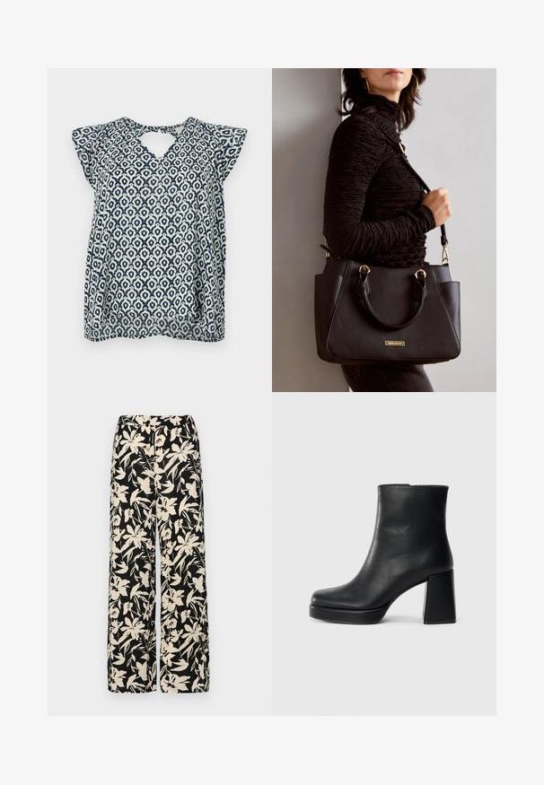 Laivastonsininen ja valkoinen kuvioitu paita, jossa on V-kaula-aukko ja pienet hihat; geometrinen muotoilu ja läpikuultava rakenne. Avaus yksityiskohtana selässä.; Mustat leveälahkeiset housut, joissa on kermaisen värinen kukkakuosi. Valmistettu kevyestä kankaasta, jossa on sileä pinta ja korkea vyötärö.; Musta nahkasaapas nilkkapituisena, jossa on paksu korko ja alustapohja, nähtynä sivulta yksinkertaisella valkoisella taustalla.; Musta käsilaukku, jossa on teksturoitu pinta, kaksi yläkantta ja säädettävä olkahihna. Varustettu kultasävyisillä varusteilla ja sivutaskuilla.