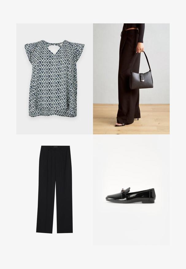 Bluză cu model navy și alb, cu decolteu în V și mâneci scurte; design geometric și textură semi-transparentă. Detaliu cu oglindă la spate.; Pantaloni negri cu un design drept, dotati cu doua buzunare frontale si un talie. Fabricati dintr-un material usor si neted.; Loafers din piele patent neagră cu talpă plată, vârf rotund și o bandă decorativă cu un accent în ton de aur. Finisaj neted, lucios.; Genți negre cu o formă structurată, textură netedă și un închizător metalic. Asortată cu pantaloni negri largi și sandale cu vârf deschis pe un podea din lemn.