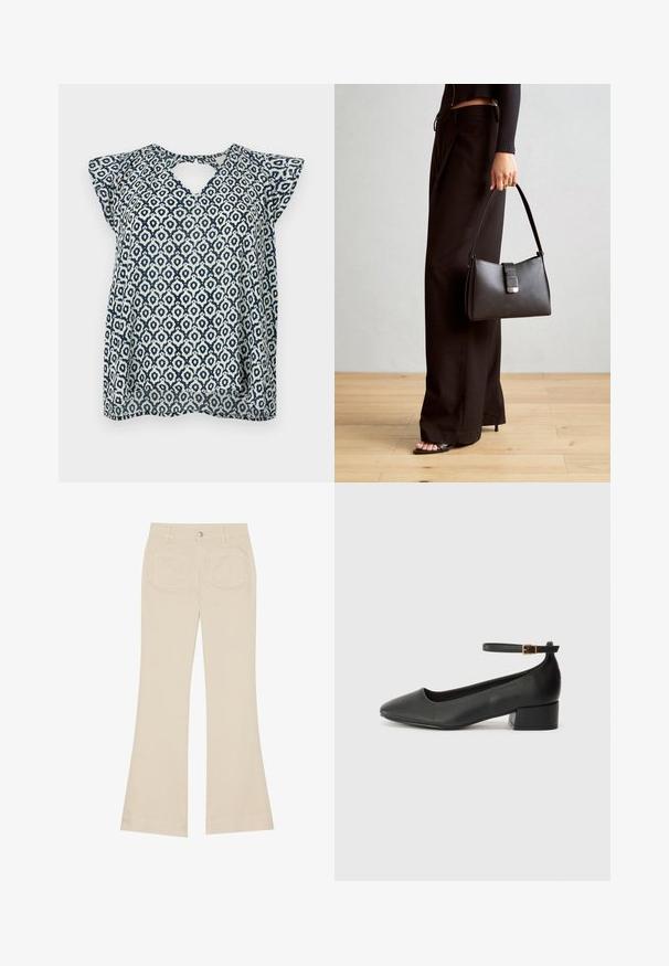 Tengerészkék és fehér mintás blúz V-kivágással és kis bő ujjakkal; geometrikus minta és áttetsző textúra. Kulcslyuk részlet hátul.; Beige bő szabású nadrág, magas derékkal, pamut anyagból készült. Elöl és hátul zsebek, övakasztók és egy ezüstgomb található rajta.; Fekete bőr magassarkú cipő hegyes orral és alacsony tömb sarkal. Bokapánttal rendelkezik, aranyszínű csattal. Simább textúra.; Fekete kézi táska strukturált formával, sima textúrával és fémből készült záródással. Széles fekete nadrággal és nyitott orrú szandállal párosítva, fából készült padlón.